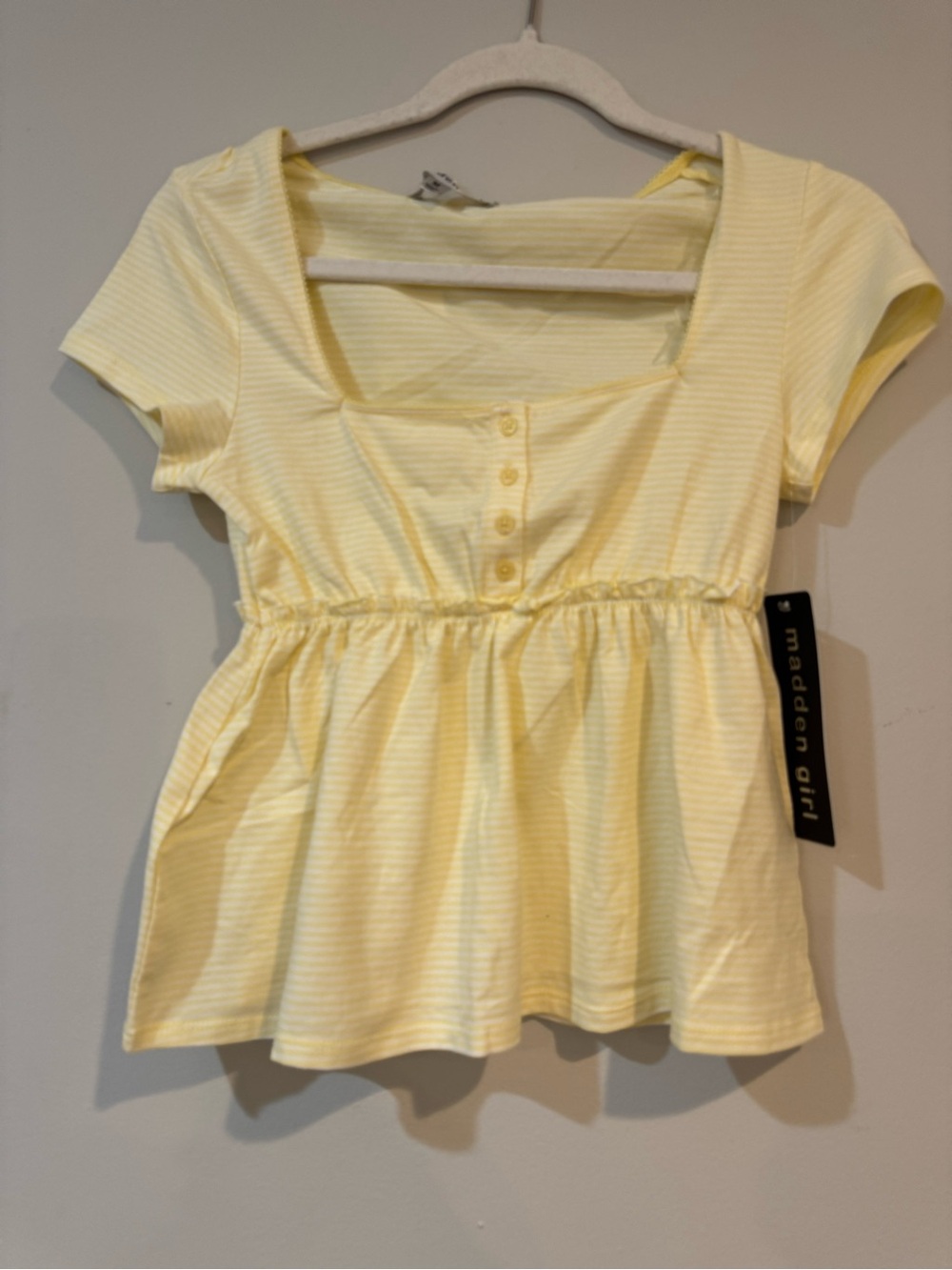 Madden Girl Pale Yellow Striped Peplum Scoop-Neck Top